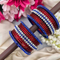 Vriksham Royal Red  Color With Blue Kundan Side Floral Kada Style Glass Bangle Set-G21726
