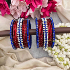 Vriksham Royal Red  Color With Blue Kundan Side Floral Kada Style Glass Bangle Set-G21726