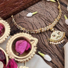 Vriksham Diya Pendant Short Neckpiece-Diamond Drops-White Red & Green-G21152