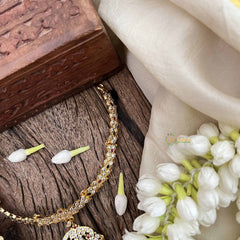 Vriksham Diya Pendant Short Neckpiece-Diamond Drops-White Red & Green-G21152