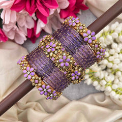 Vriksham Lavender With Kundan Side Floral Kada Style Glass Bangle Set-G21724