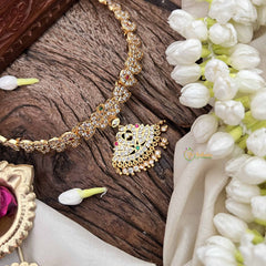 Vriksham Dual Peacock Pendant With Manga Short Neckpiece-Diamond Drops-White Red & Green-G21153