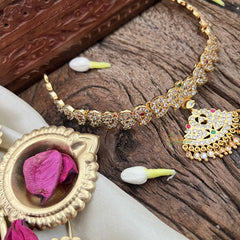 Vriksham Dual Peacock Pendant With Manga Short Neckpiece-Diamond Drops-White Red & Green-G21153