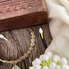 Vriksham Dual Peacock Pendant With Manga Short Neckpiece-Diamond Drops-White Red & Green-G21153