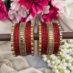 Vriksham Red Color With Square Kundan Side Kada Style Glass Bangle Set-G21728