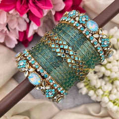 Vriksham Sky Color With Aqua Sky Kundan Side Floral Kada Style Glass Bangle Set-G21725