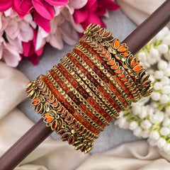 Vriksham Orange Color With Orange Lotus Kundan Side Kada Style Glass Bangle Set-G21729