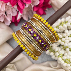 Vriksham Golden Color With Yellow Floral Kundan Side Kada Style Glass Bangle Set-G21730