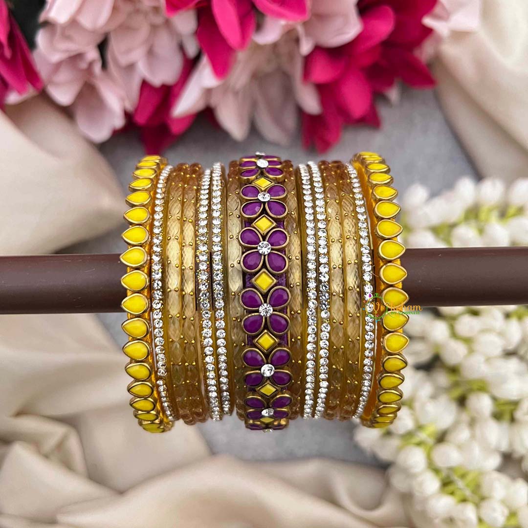 Vriksham Golden Color With Yellow Floral Kundan Side Kada Style Glass Bangle Set-G21730