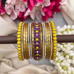Vriksham Golden Color With Yellow Floral Kundan Side Kada Style Glass Bangle Set-G21730