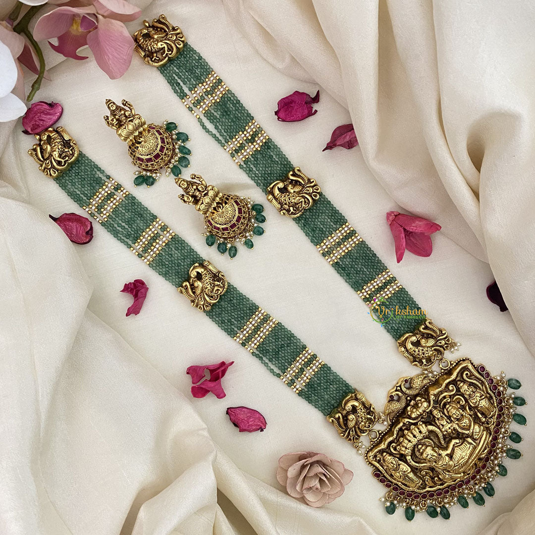 Vriksham Exquisite Vishnu Pendant Layered Haram-Pearls-Aqua Green Bead-G16583