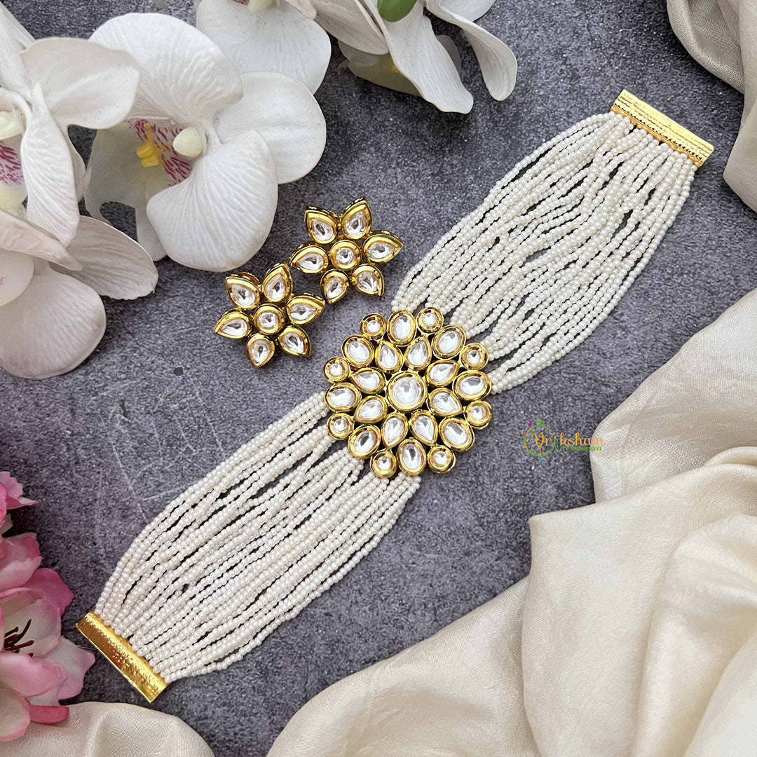 Vriksham Royal Floral Design Gold Plated Kundan With Multi Layered Pearl Choker Neckpiece-G20373