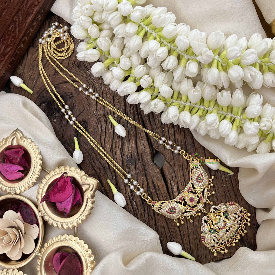 Vriksham Gaj Lakshmi Style AD Stone Double Pendant 2 Layer Pearl With Gold Plated Mala-Red White & Green-G21166