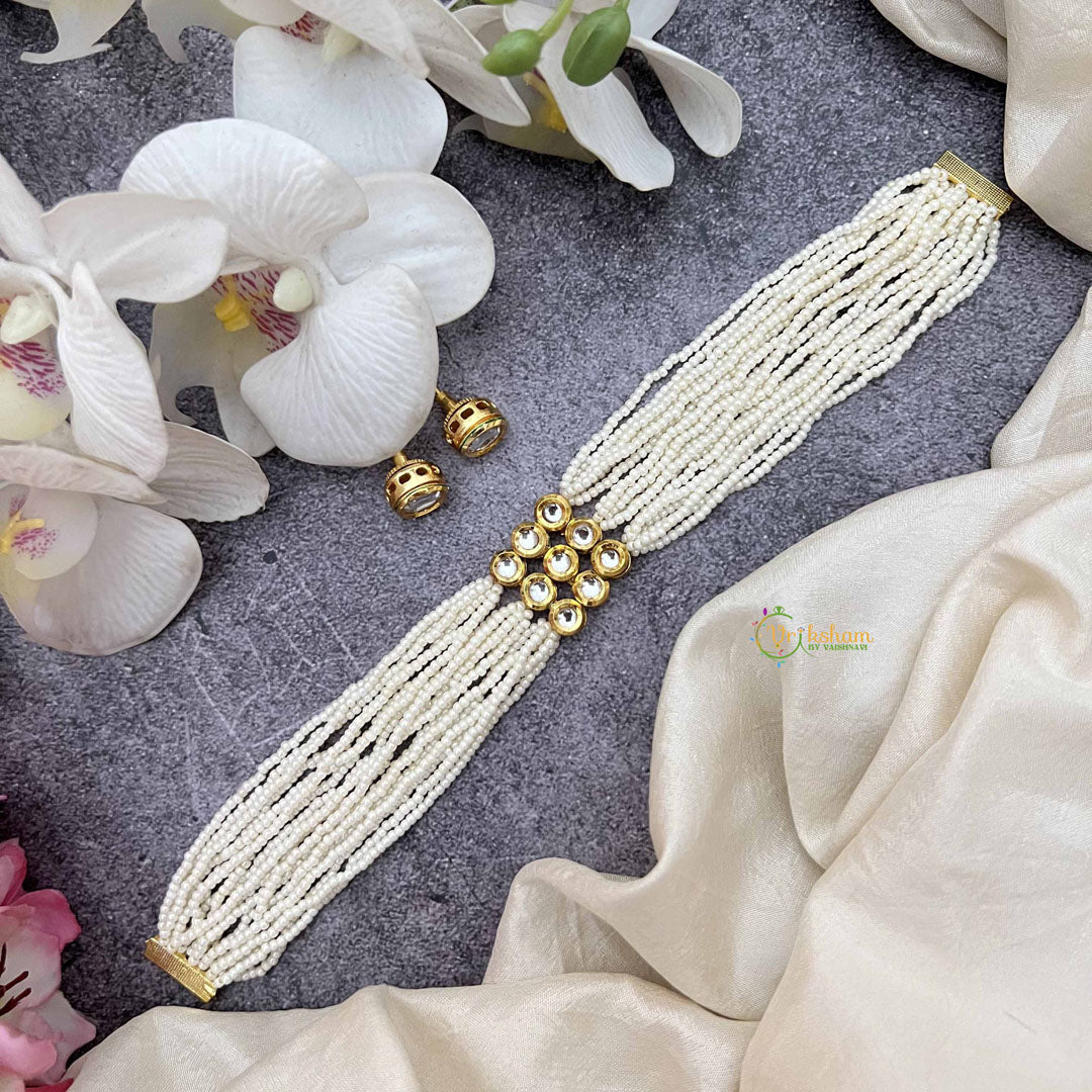 Vriksham Elegant Kundan Square Pendant With Multilayer Pearl Choker Neckpiece-G20374