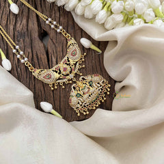 Vriksham Gaj Lakshmi Style AD Stone Double Pendant 2 Layer Pearl With Gold Plated Mala-Red White & Green-G21166