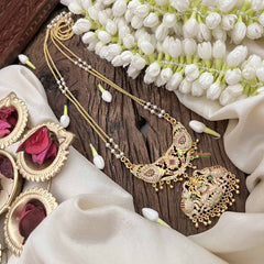 Vriksham Gaj Lakshmi Style AD Stone Double Pendant 2 Layer Pearl With Gold Plated Mala-Red White & Green-G21166