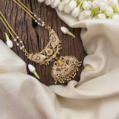 Vriksham Gaj Lakshmi Style AD Stone Double Pendant 2 Layer Pearl With Gold Plated Mala-Red White-G21165