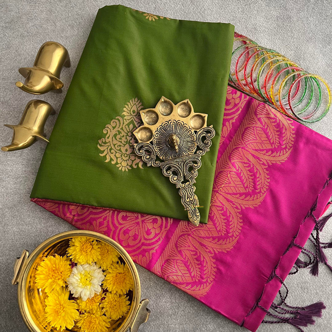 Olive Green Soft Silk Saree-VS3949