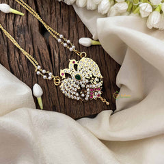 Vriksham Dual Peacock Style Pendant 2 Layer Pearl With Gold Plated Mala-White Red & Green-G21183