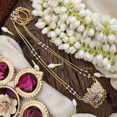 Vriksham Lotus Style Pendant 2 Layer Pearl With Gold Plated Mala-Diamond Drop-White Red & Green-G21168