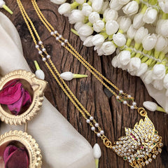 Vriksham Lotus Style Pendant 2 Layer Pearl With Gold Plated Mala-Diamond Drop-White Red & Green-G21168