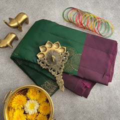 Dark Olive Green Self Design Border Soft Silk Saree-VS3946