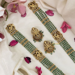 Vriksham Lakshmi with Dual Peacock Pendant Layered Pastel Green Bead Haram-G16592