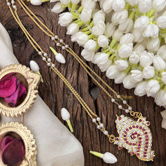 Vriksham Ganesh Ji Style Pendant 2 Layer Pearl With Gold Plated Mala-White Red-G21170