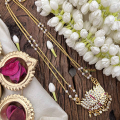 Vriksham Minimalist Lotus Style Pendant 2 Layer Pearl With Gold Plated Mala-White Red-G21173