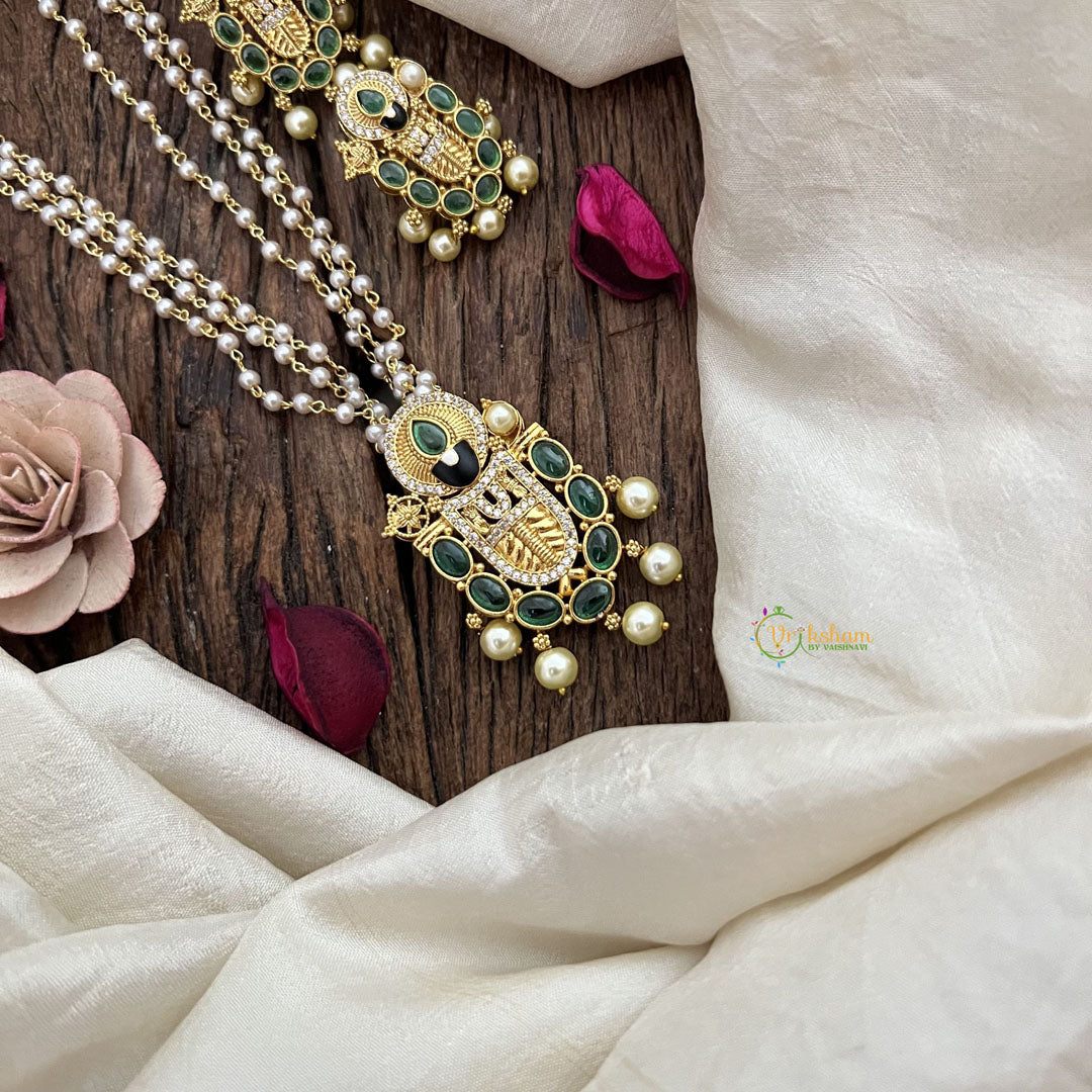 Vriksham Divine Balaji Green Stone With 3 Layer Pearl Chain Pendant Chain Neckpiece-G19619