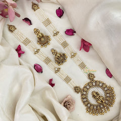 Vriksham Multilayered Lakshmi Pendant Long Haram-Pearls & Gold Bead-White-G16590