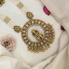 Vriksham Multilayered Lakshmi Pendant Long Haram-Pearls & Gold Bead-White-G16590