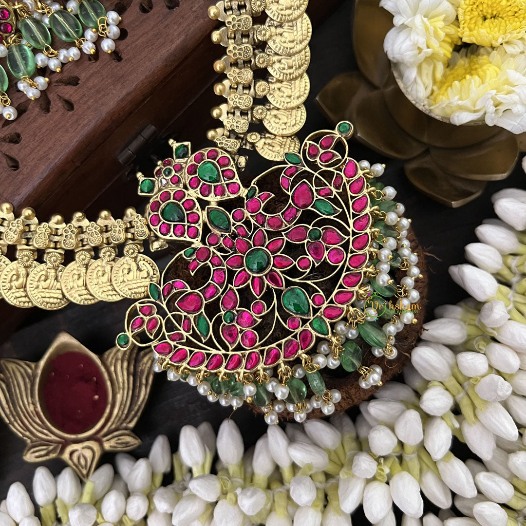 Vriksham Maanga Floral Coin Kudan Jadau Neckpiece-Pearl-J3312