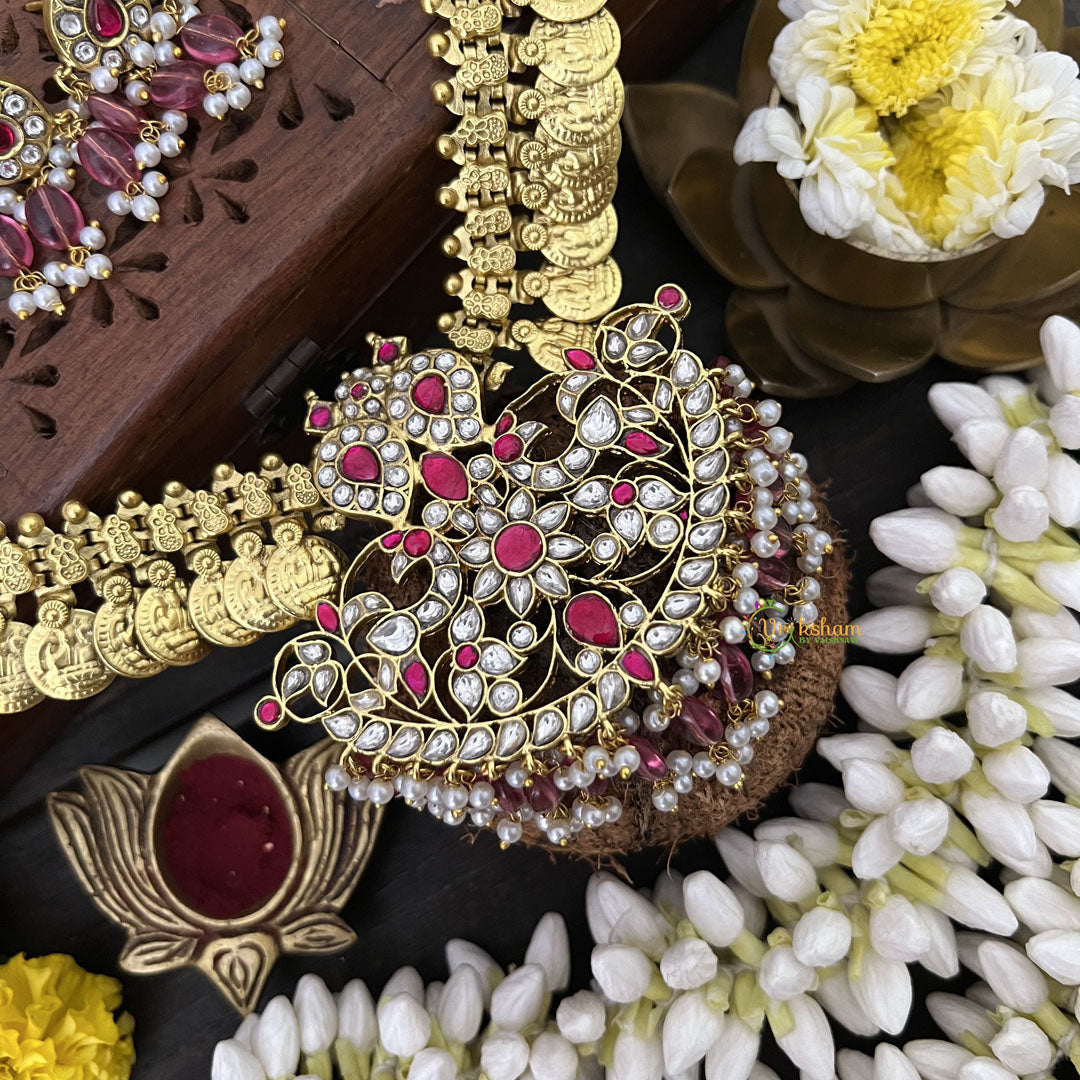 Vriksham Maanga Floral Coin Kudan Jadau Neckpiece-Red White-Pearl-J3313