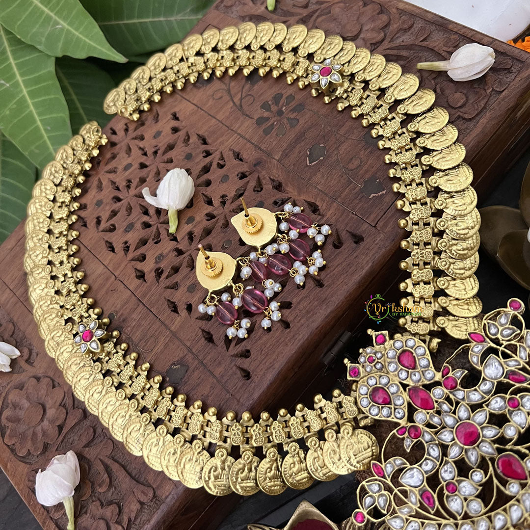 Vriksham Maanga Floral Coin Kudan Jadau Neckpiece-Red White-Pearl-J3313