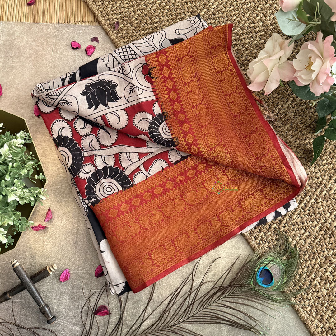 Vriksham Black Kalamkari Saree With Kanchi Border-VS4394