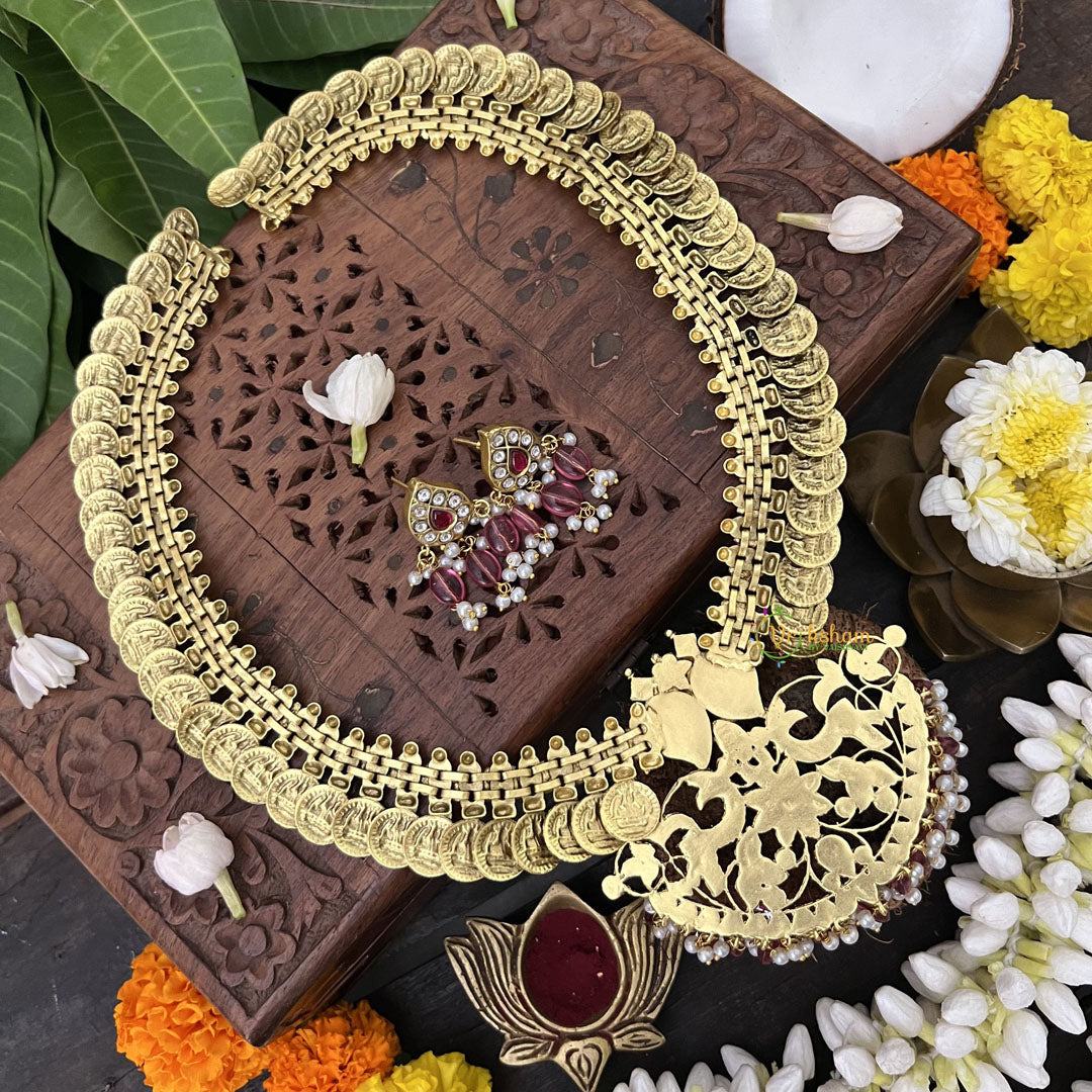 Vriksham Maanga Floral Coin Kudan Jadau Neckpiece-Red White-Pearl-J3313