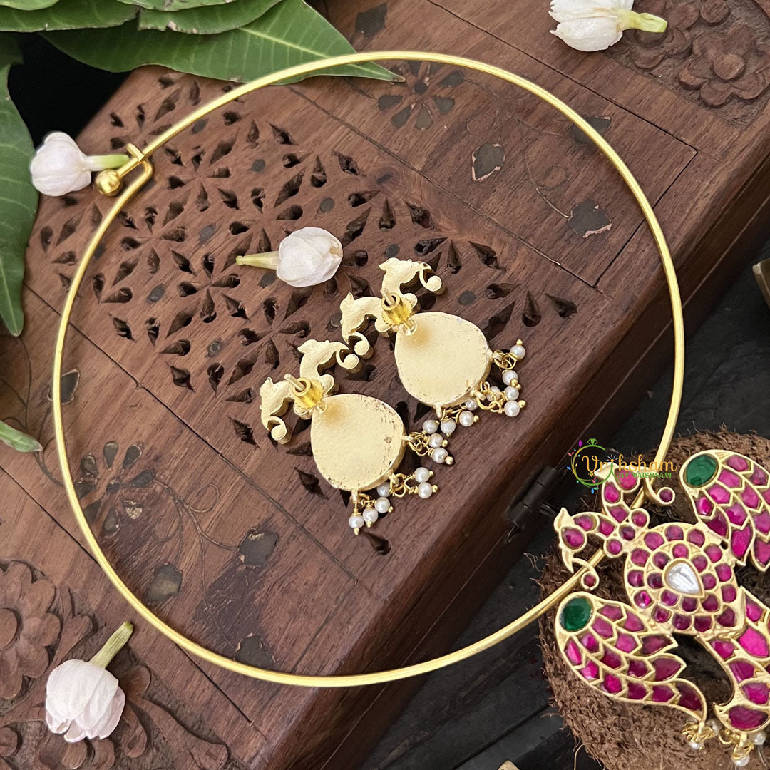 Vriksham Pendant Dual Peacock Kudan Jadau Hasli Choker-Red Green-J3316
