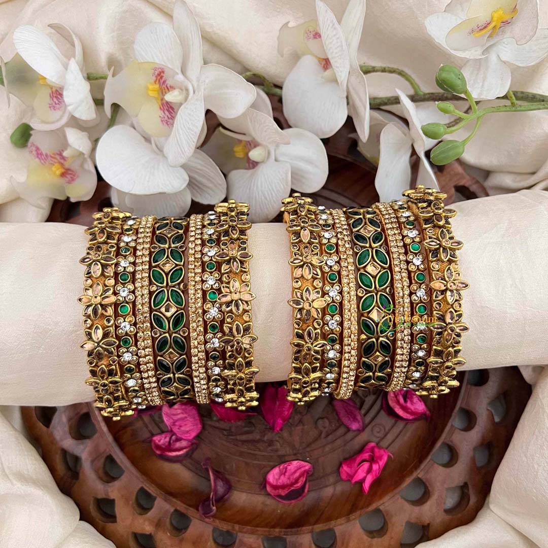 Vriksham Antique Gold Plated Floral Bangles with Emerald Green Stones Silk Bangles Set-G21737