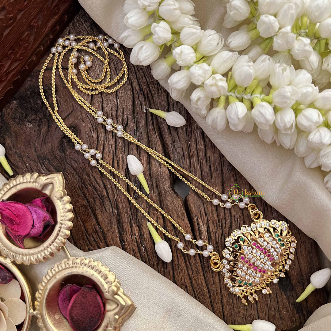 Vriksham Elegant Lotus Style Pendant 2 Layer Pearl With Gold Plated Mala-White Red & Green-G21175