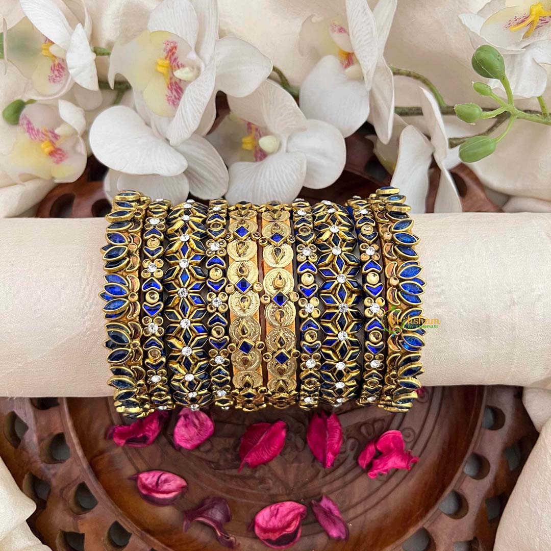 Vriksham Royal Blue Sapphire Antique Gold Silk Bangles Set-G21744