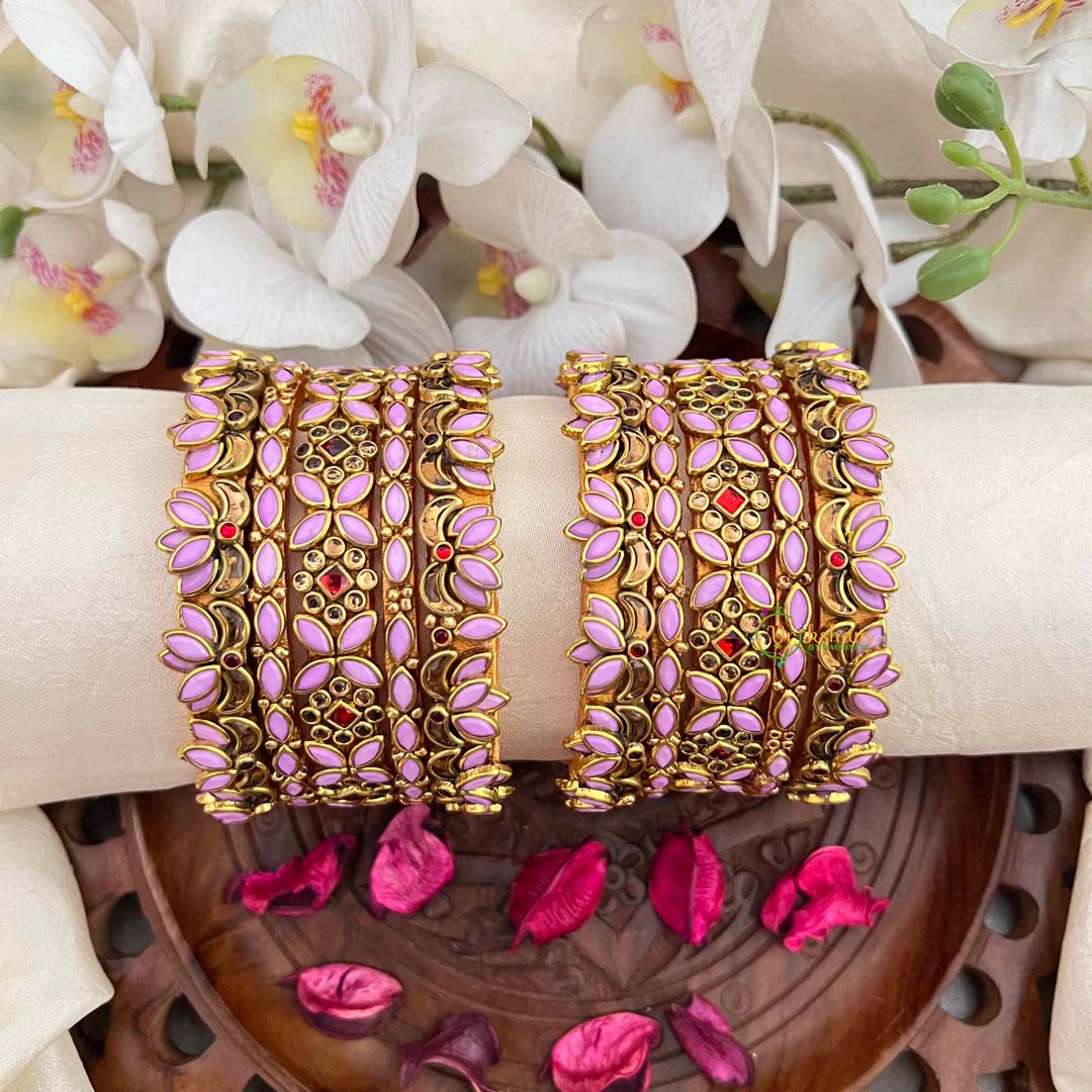 Vriksham Classic White Polki Baby Pink Style Antique Gold Silk Bangles Set-G21739