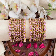 Vriksham Classic White Polki Baby Pink Style Antique Gold Silk Bangles Set-G21739