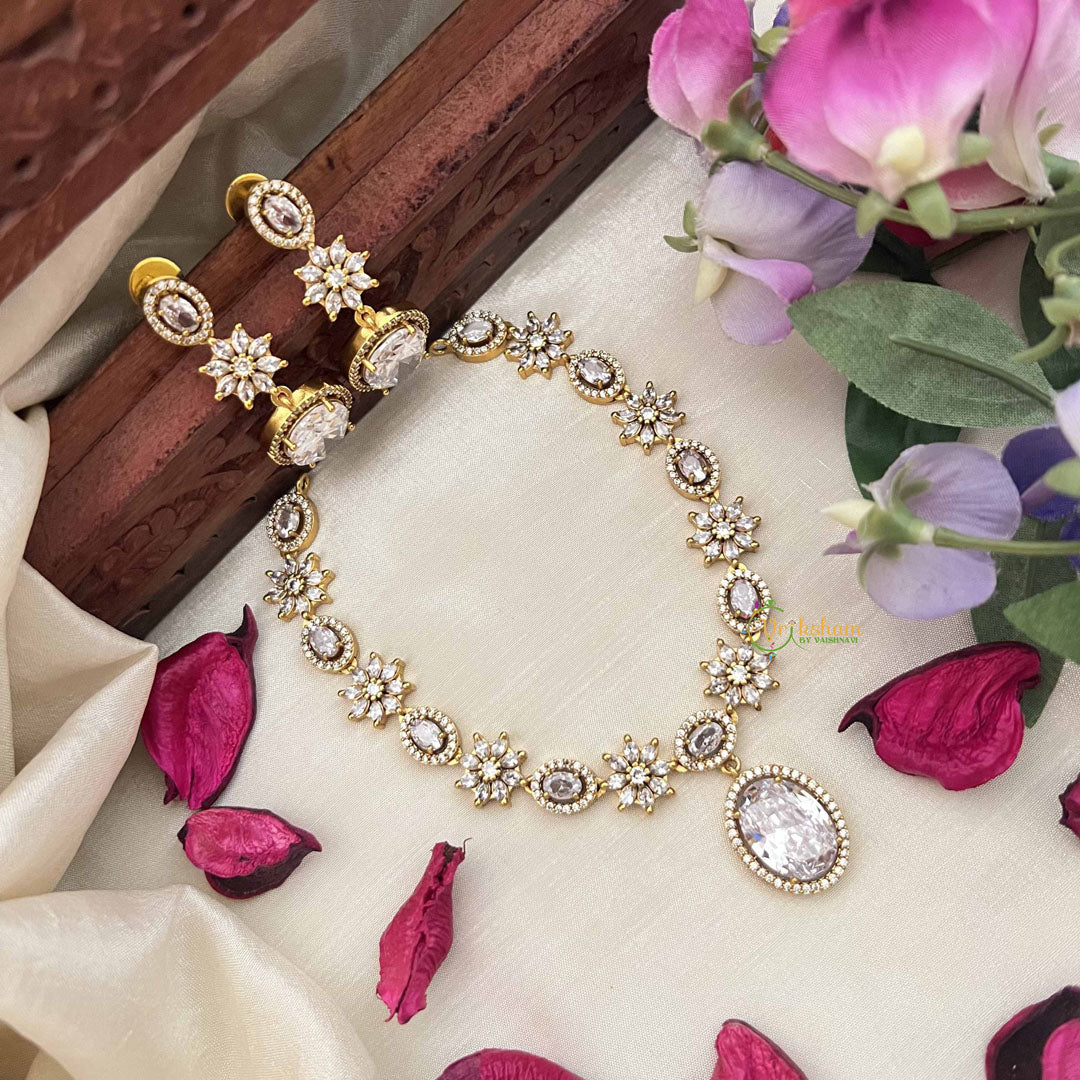 Vriksham Designer Floral With Pear AD Stone Neckpiece-White-G20407