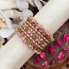 Vriksham Classic White Polki Baby Pink Style Antique Gold Silk Bangles Set-G21739
