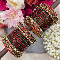 Vriksham Indian Ethnic Red & Emerald Green Glass Bangles with Gold Tone Lotus Side Bangles Set-G21747