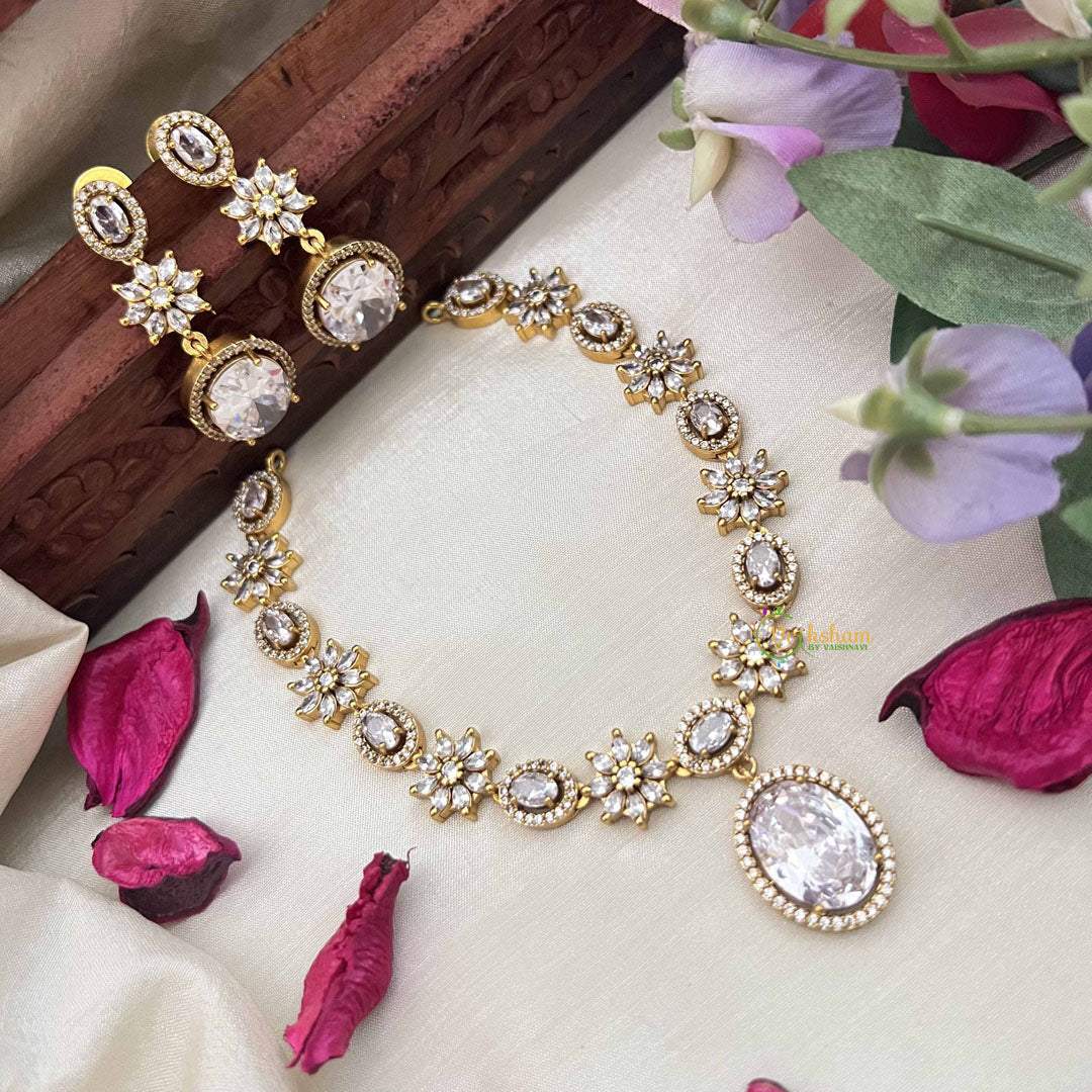 Vriksham Designer Floral With Pear AD Stone Neckpiece-White-G20407