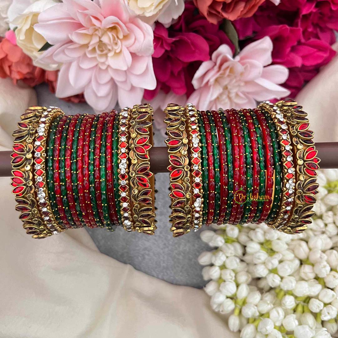Vriksham Indian Ethnic Red & Emerald Green Glass Bangles with Gold Tone Lotus Side Bangles Set-G21747