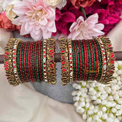 Vriksham Indian Ethnic Red & Emerald Green Glass Bangles with Gold Tone Lotus Side Bangles Set-G21747