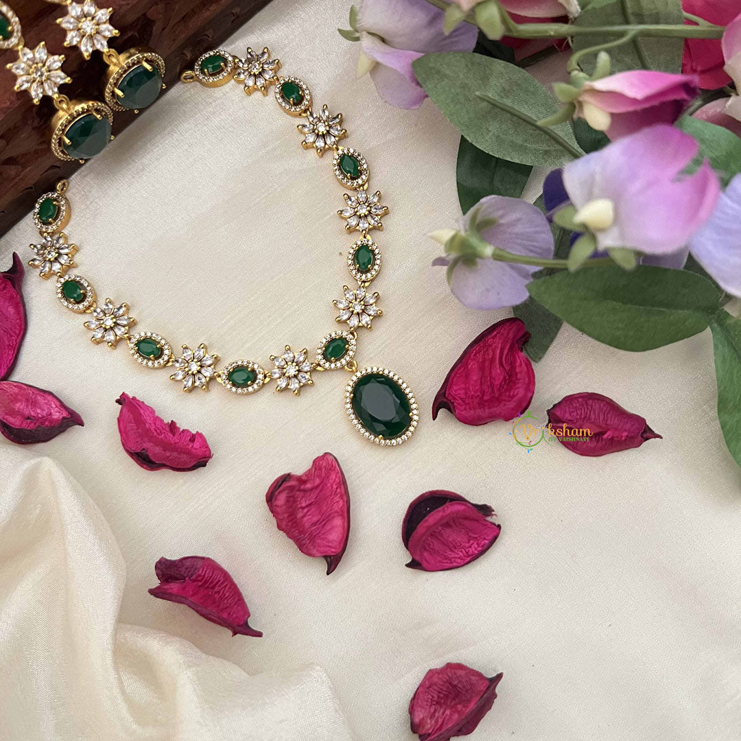 Vriksham Designer Floral With Pear AD Stone Neckpiece-Green-G20408